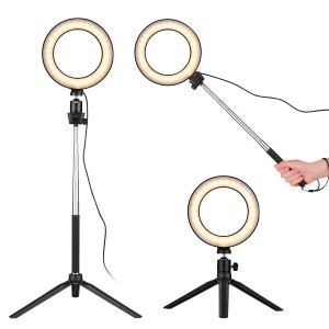 6 Inch Mini LED Ring Light Photography Lamp Dimmable 3 Lighting Modes USB Powered with Telescopic Stand Mini Desktop Tripod Ballhead for Selfie Photography