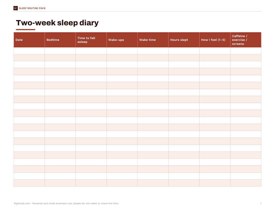 Preview of the first page of Sleep diary (PDF/DOCX/XLSX)